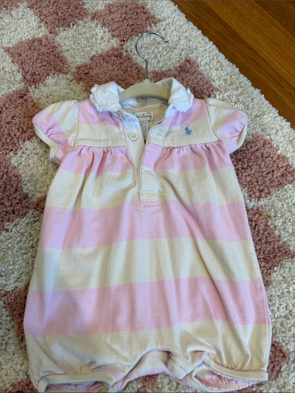 Ralph Lauren Pink & White Striped Polo Baby Romper